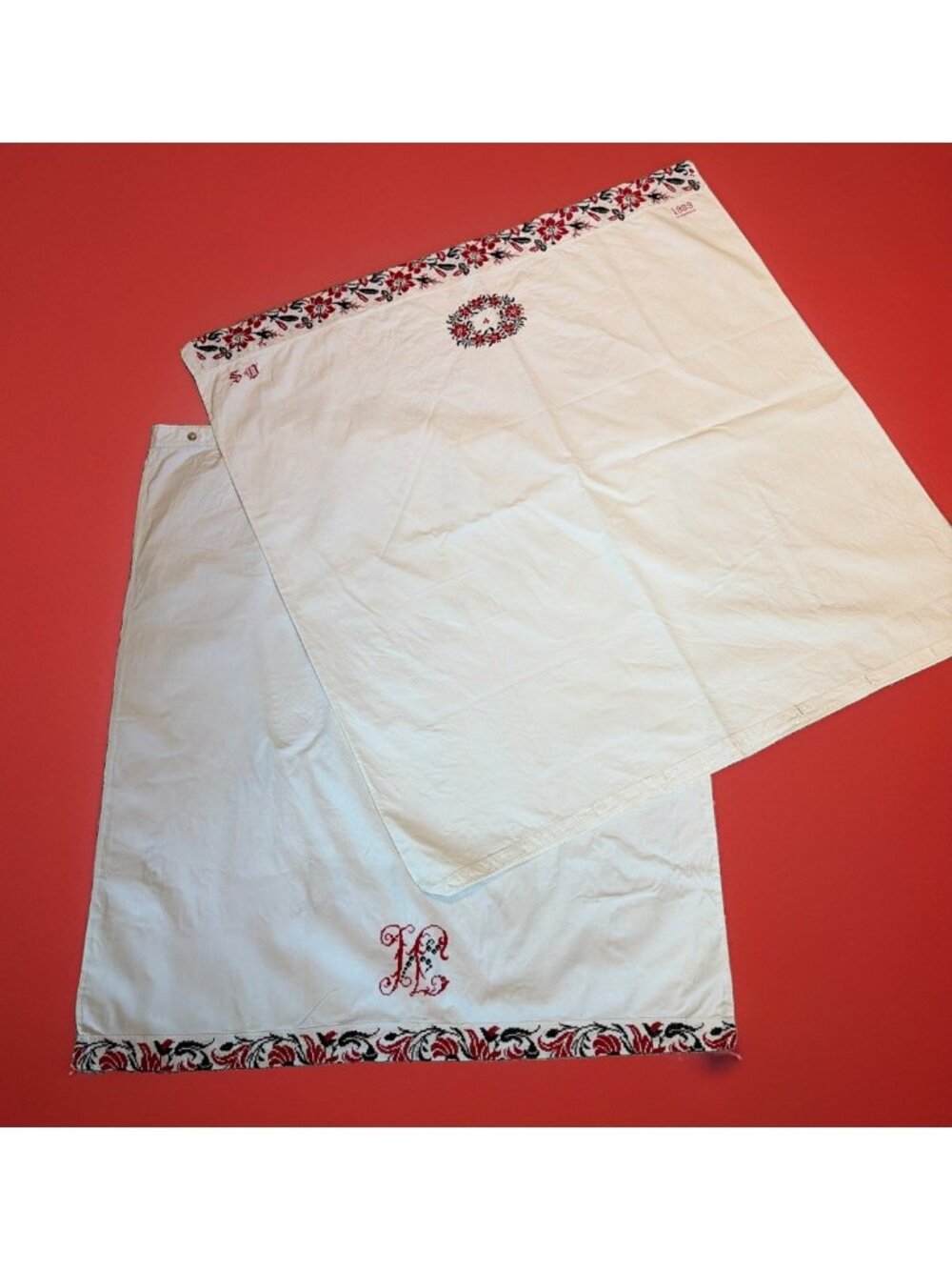 2 Antique Hand Crafted Ukrainian European Shams Extra Large Embroidered Folk Art